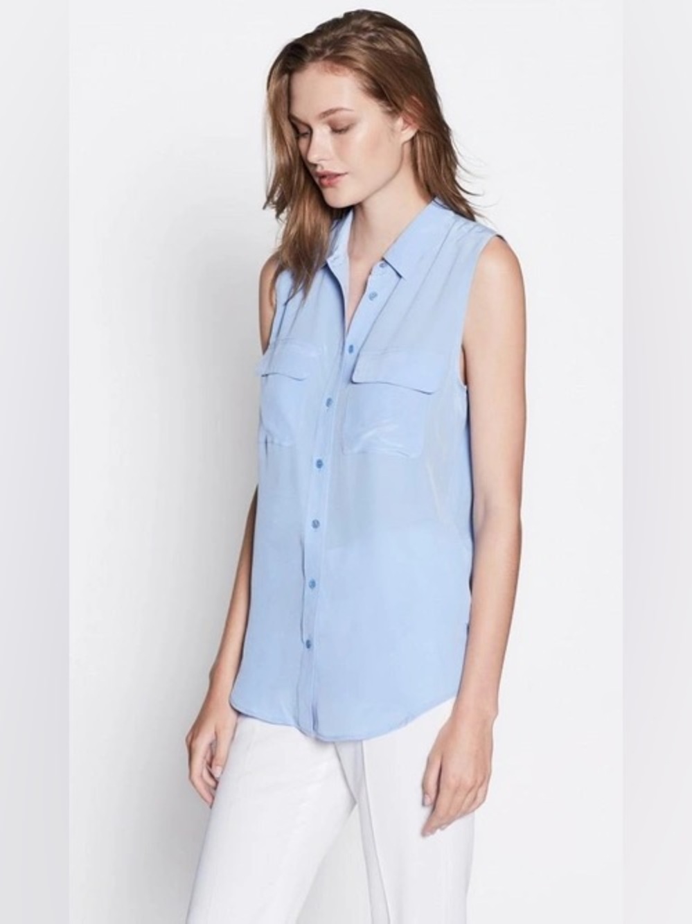 EQUIPMENT Sleeveless Slim Signature Silk Shirt in Aerial Blue
